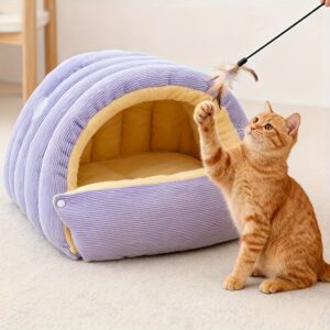 High-Elasticity Warm Cat Bed: 45×30×19cm Wrapped Design, Striped Fleece + Arctic Fleece Heat Retention, Removable & Washable(light purple)